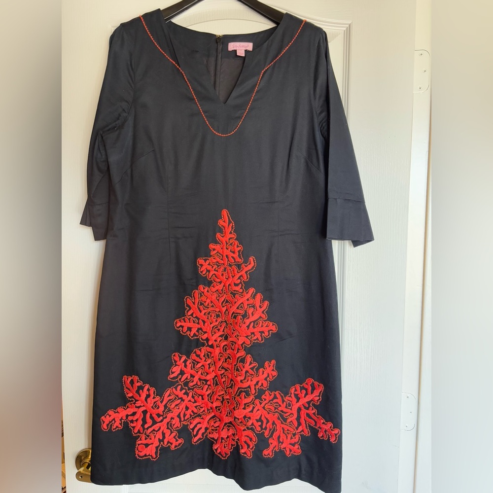 Lilly Pulitzer Shailene Dodie Dress Coral black Beaded 3/4 Sleeve Mini size 14